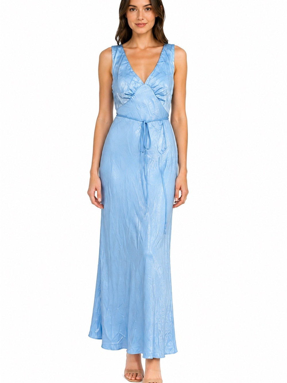 Peppermayo Light Blue Shimmer V-Neck Tie Waist Maxi Dress US 6
